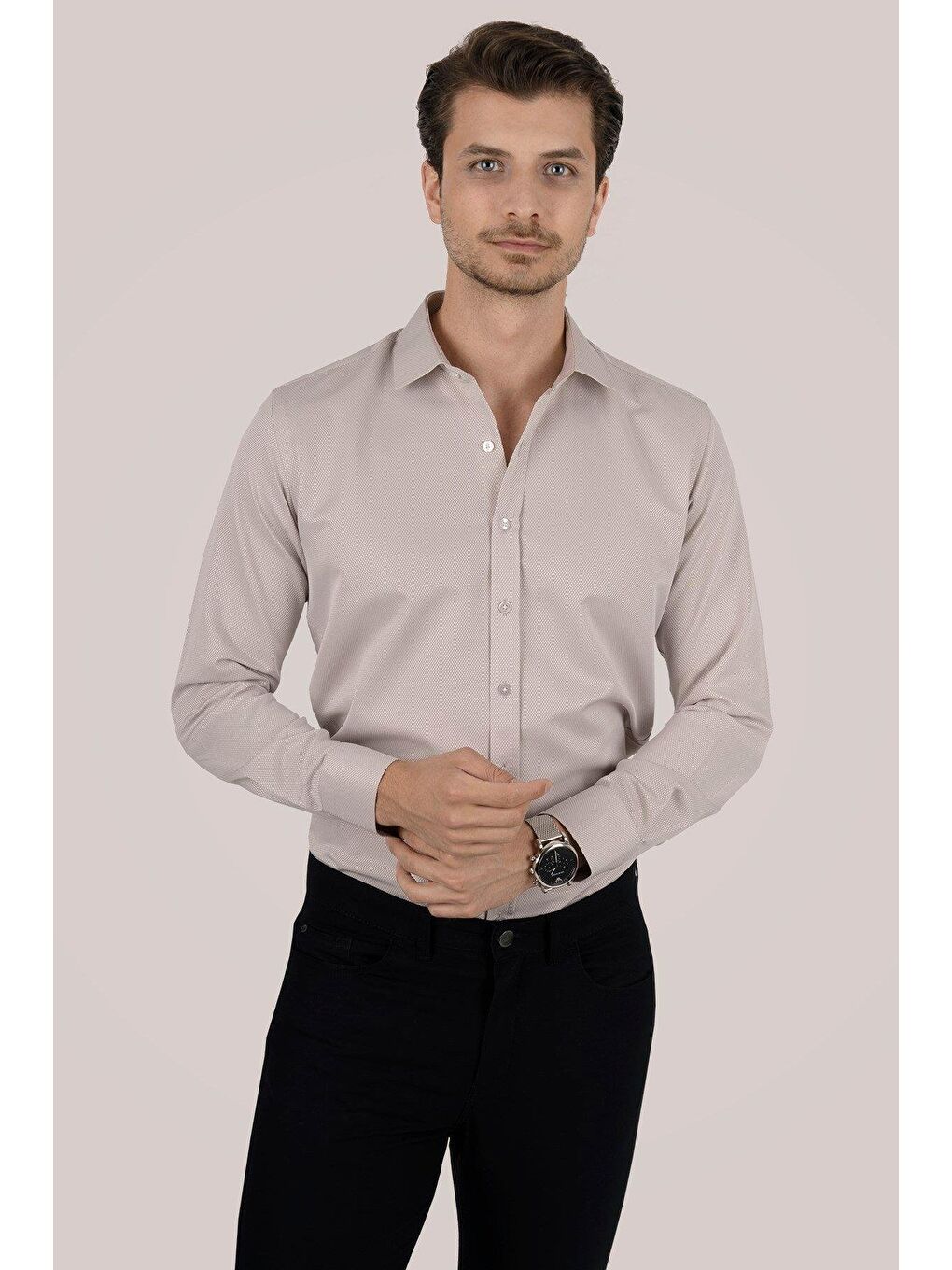 Kahverengi Sütlü Kahve Slimfit Erkek Gömlek-4