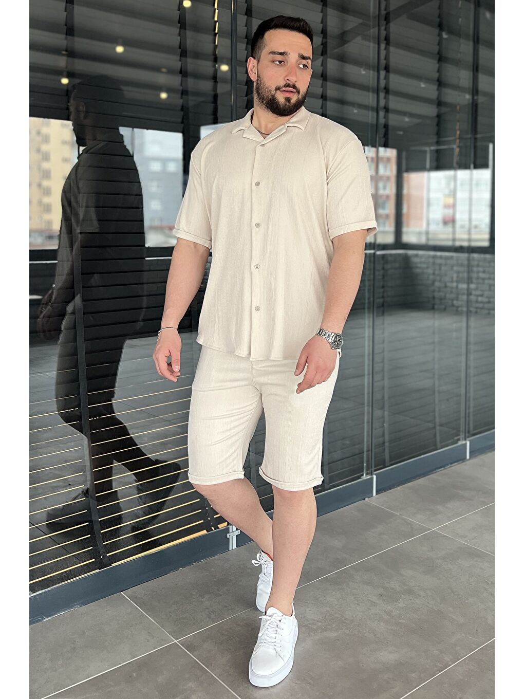 Bej Erkek Apaş Yaka Gömlek Şort İkili Takım-1