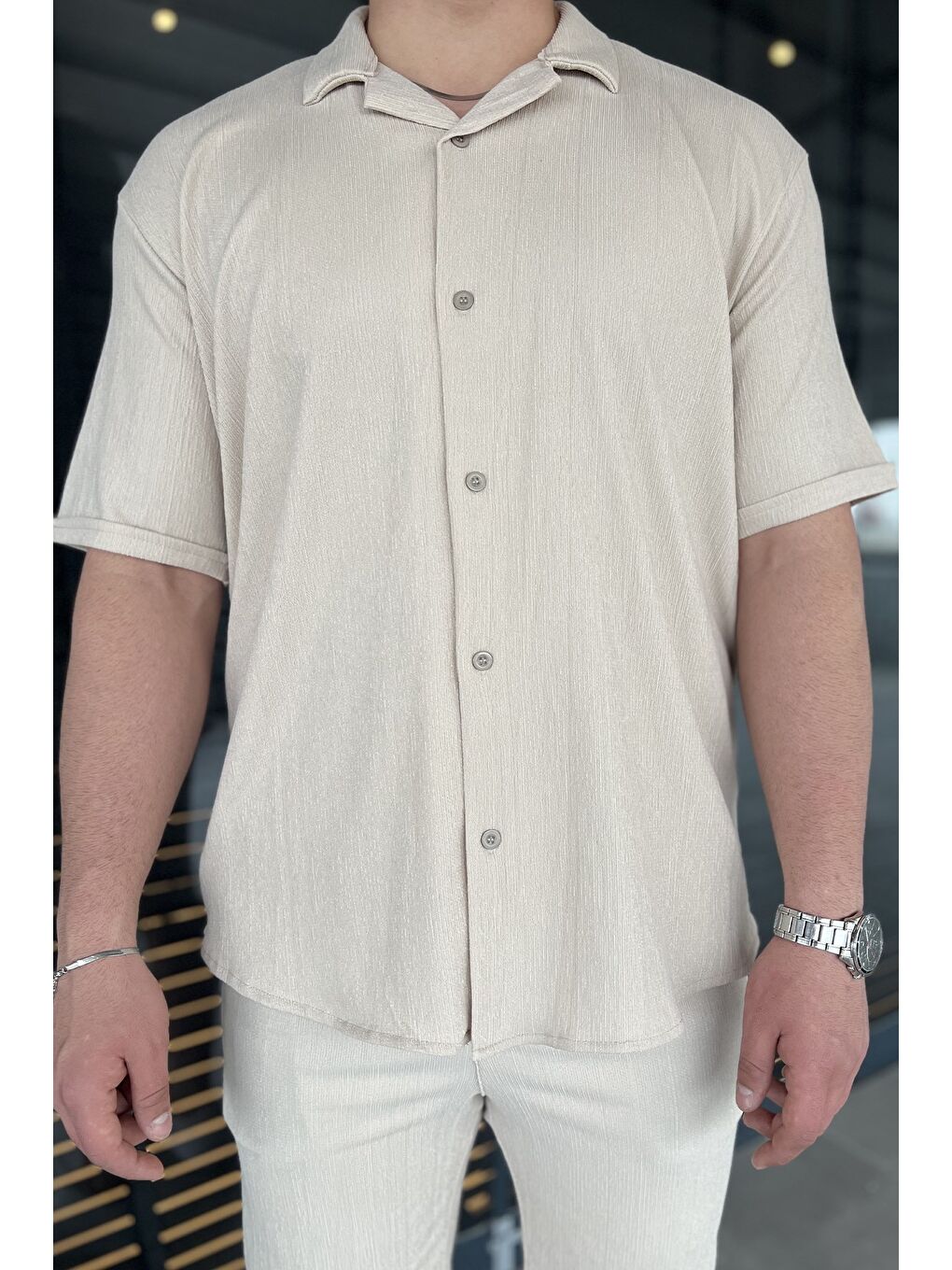 Bej Erkek Apaş Yaka Gömlek Şort İkili Takım-2