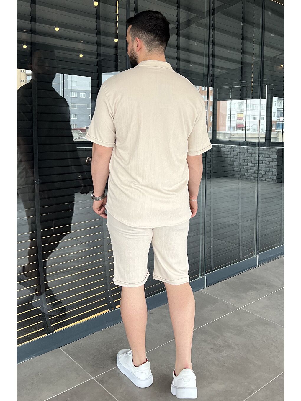 Bej Erkek Apaş Yaka Gömlek Şort İkili Takım-3