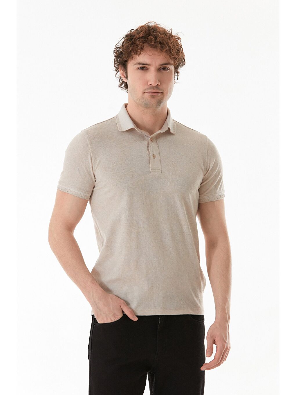 Bej Basic Polo Yaka Slim Fit Tişört