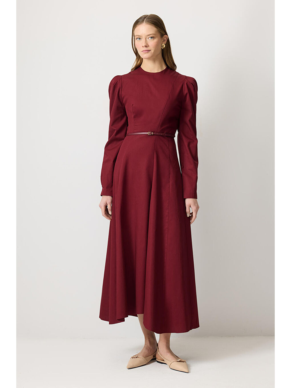 Bordo İnce Kemerli Godeli Elbise-1