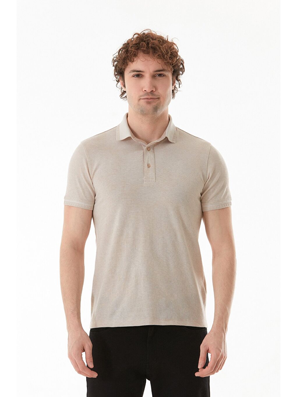Bej Basic Polo Yaka Slim Fit Tişört-1