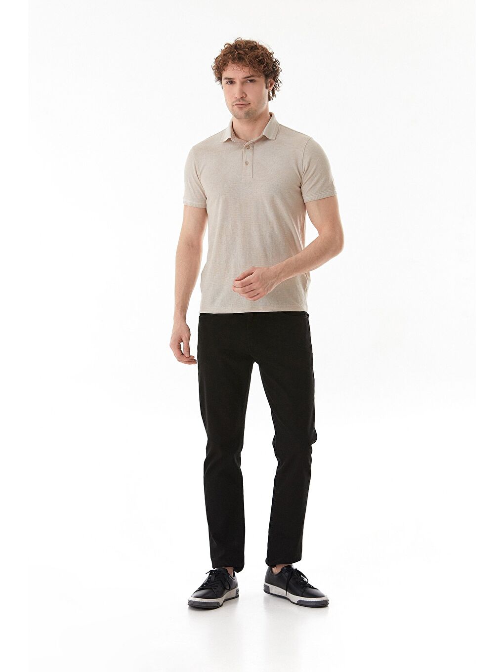 Bej Basic Polo Yaka Slim Fit Tişört-2