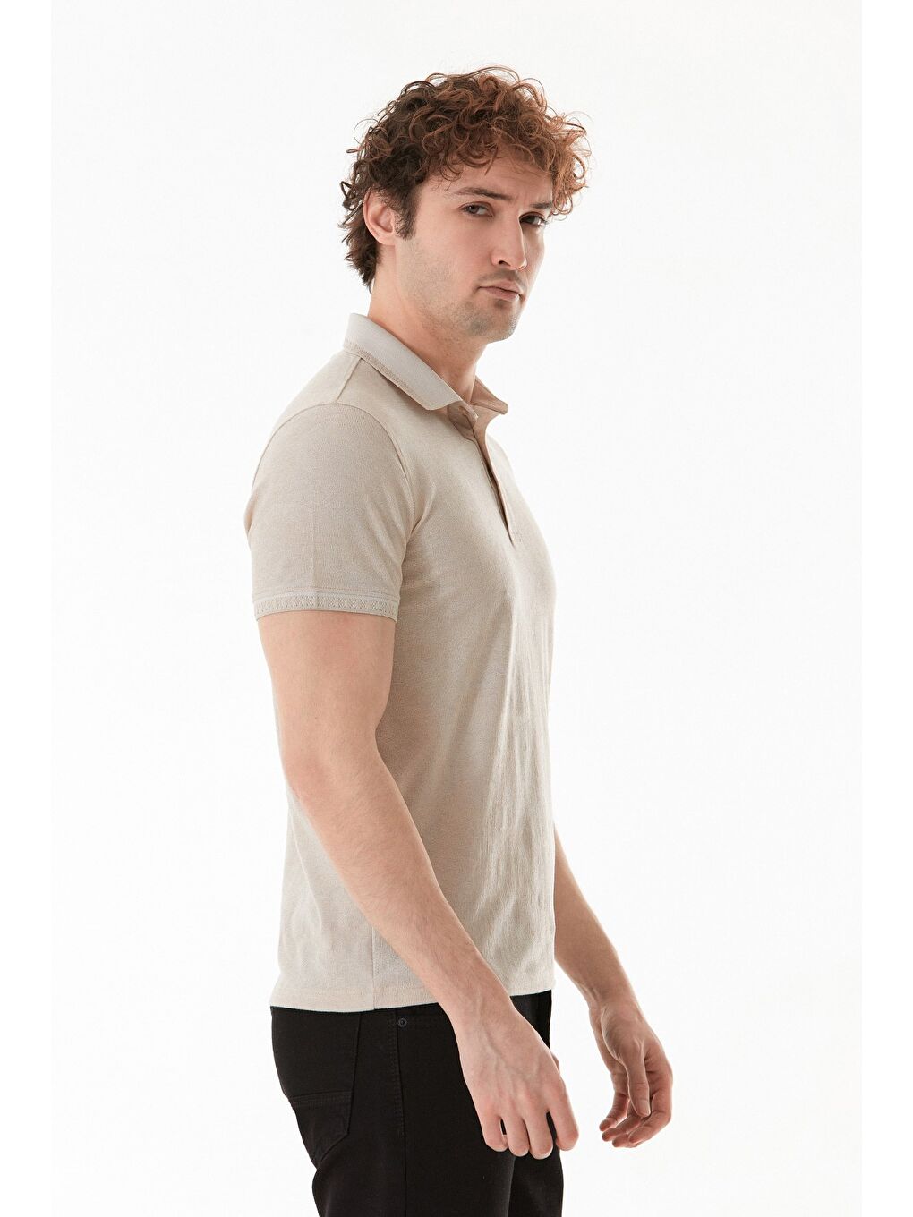 Bej Basic Polo Yaka Slim Fit Tişört-3