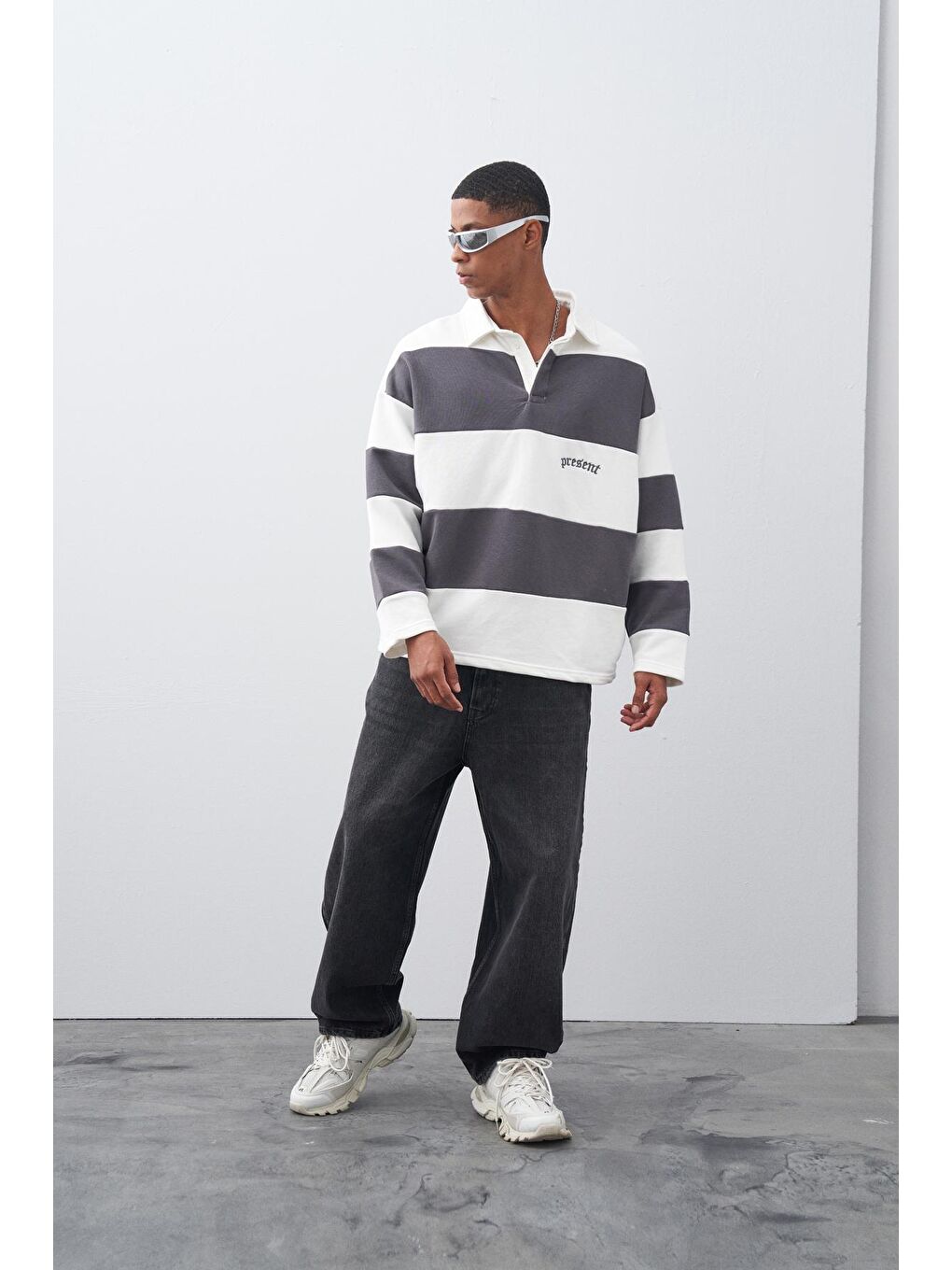 Gri Füme Polo Yaka Oversize Şeritli Sweatshirt-3