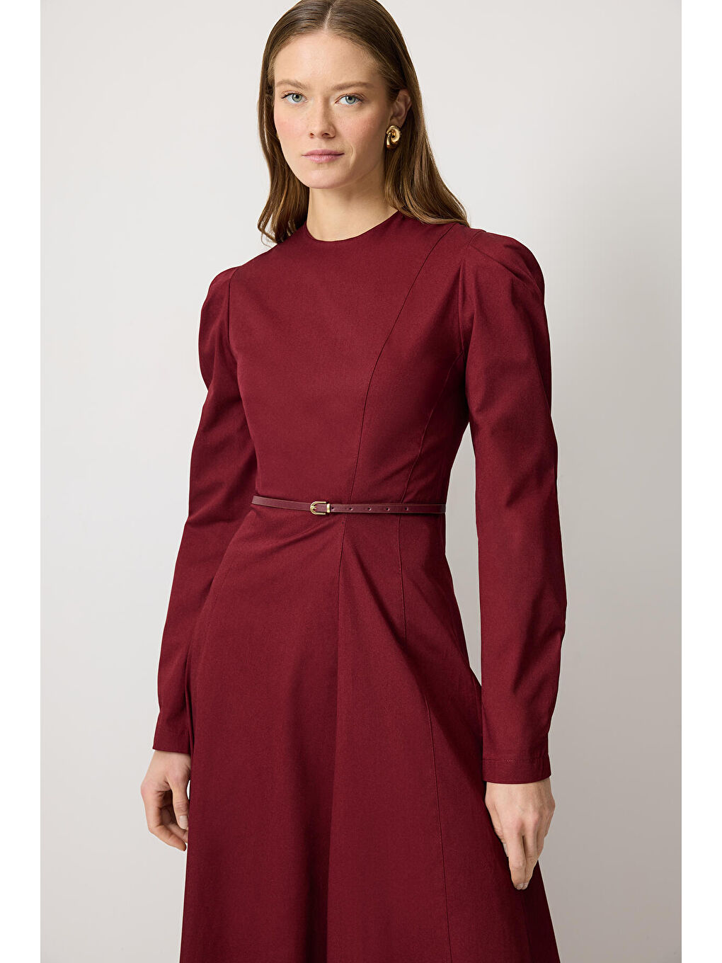 Bordo İnce Kemerli Godeli Elbise-2