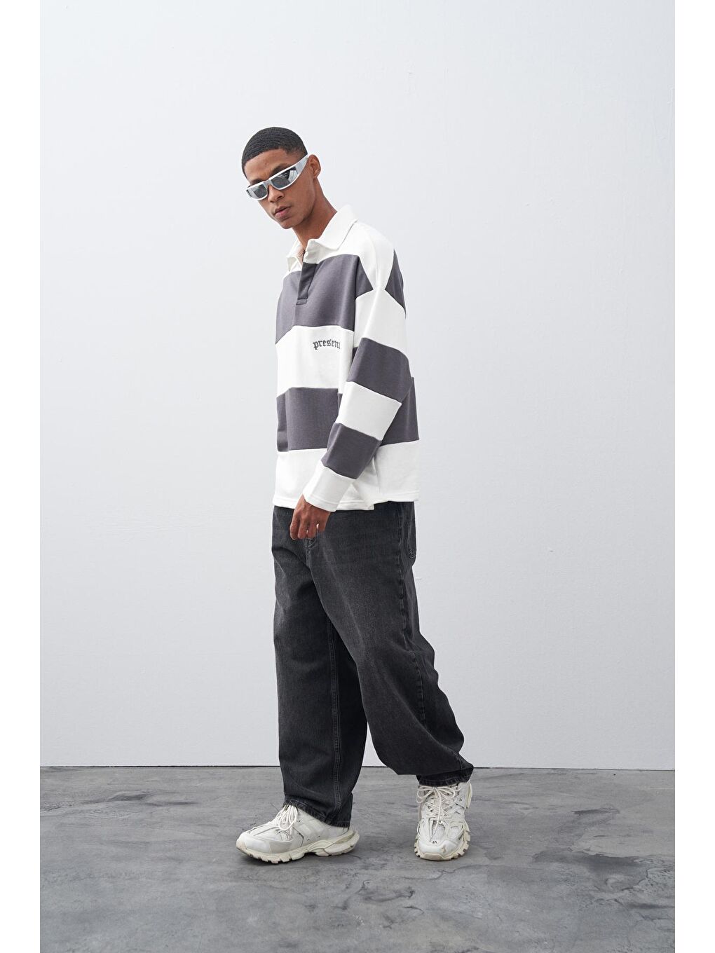 Gri Füme Polo Yaka Oversize Şeritli Sweatshirt-4