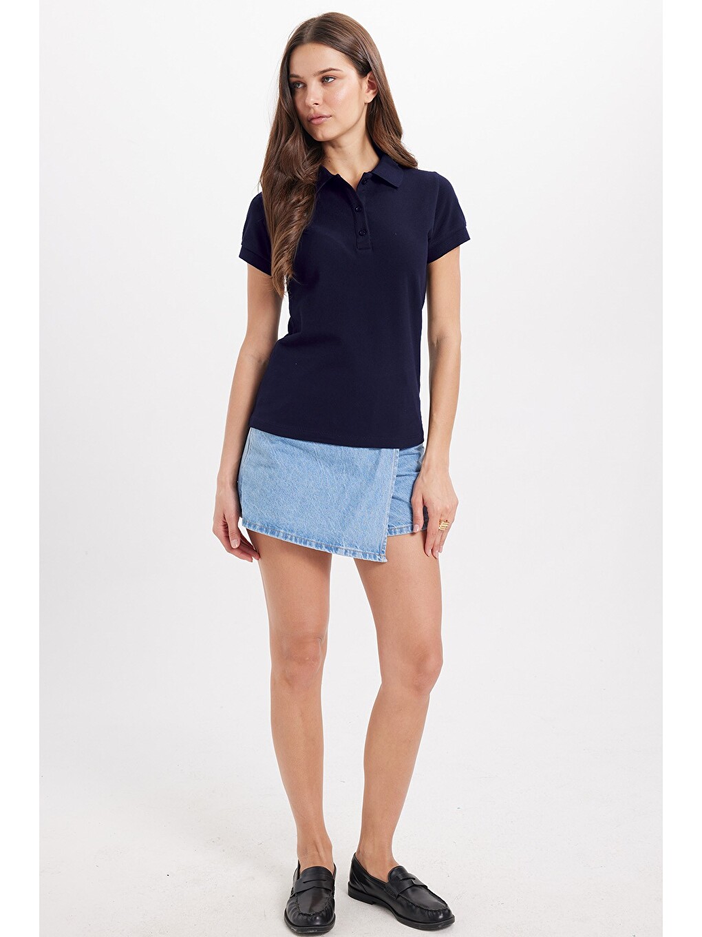 Kadın Slim Fit Dar Kesim %100 Pamuk Polo Yaka Lacivert Pike Tişört-1