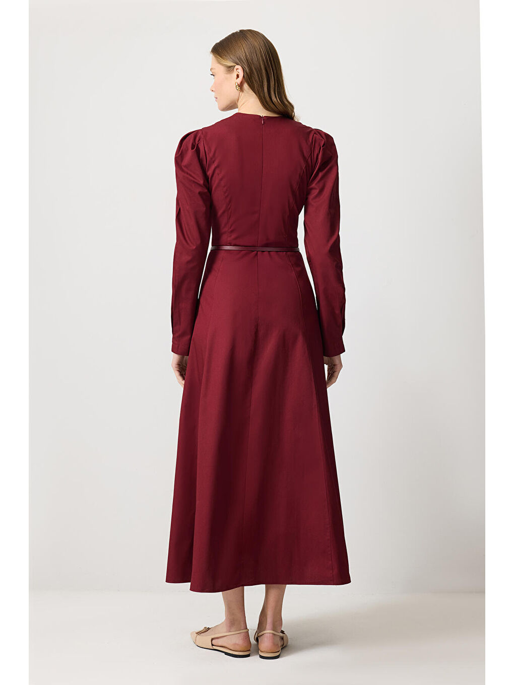 Bordo İnce Kemerli Godeli Elbise-3