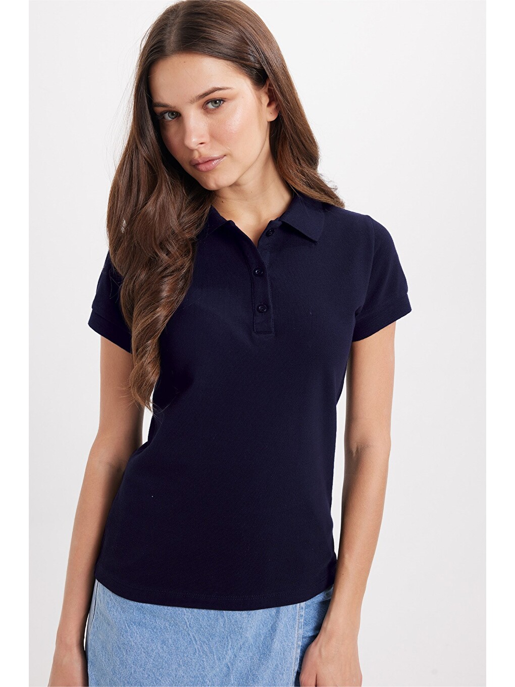 Kadın Slim Fit Dar Kesim %100 Pamuk Polo Yaka Lacivert Pike Tişört-3