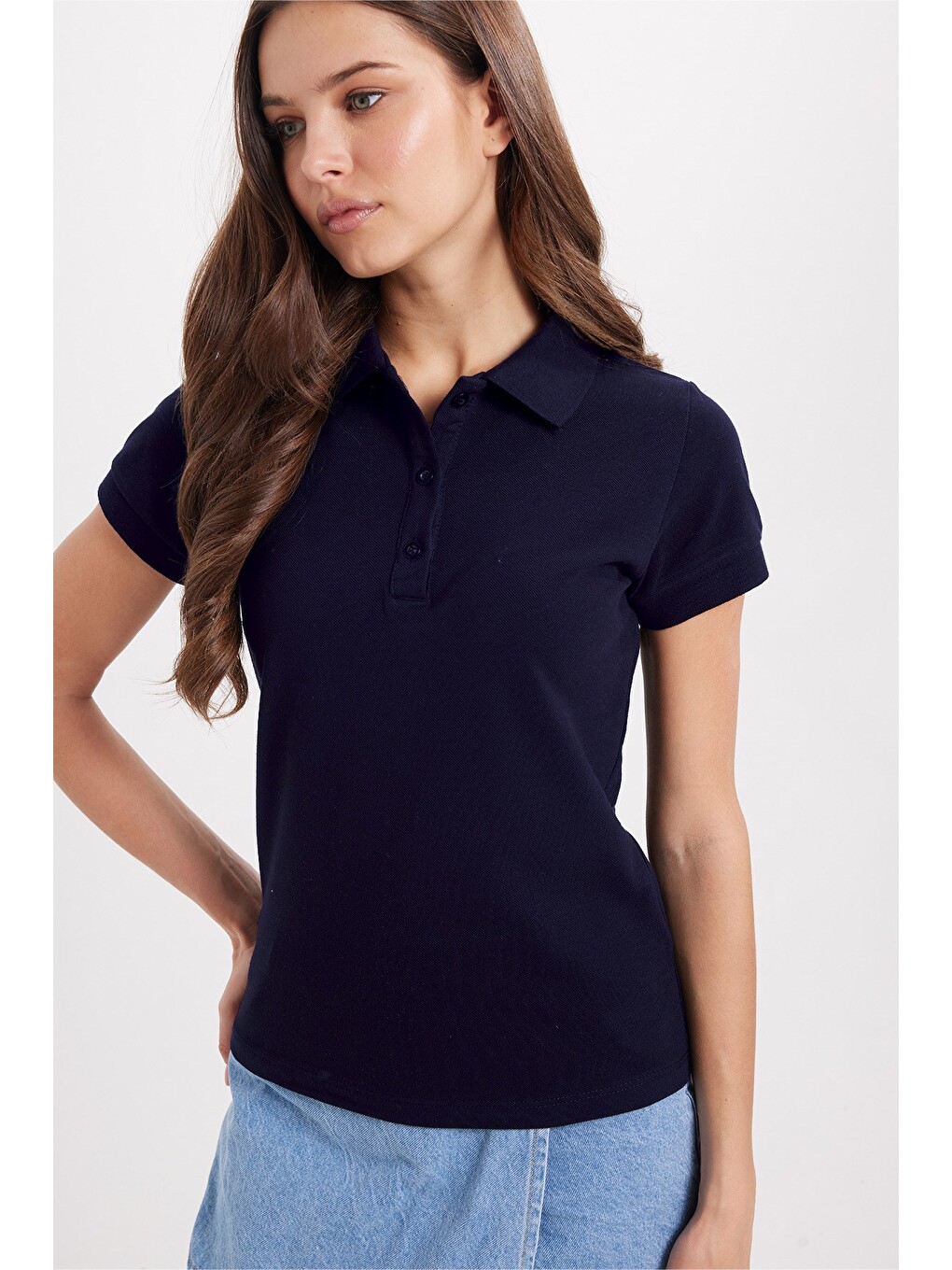 Kadın Slim Fit Dar Kesim %100 Pamuk Polo Yaka Lacivert Pike Tişört-4