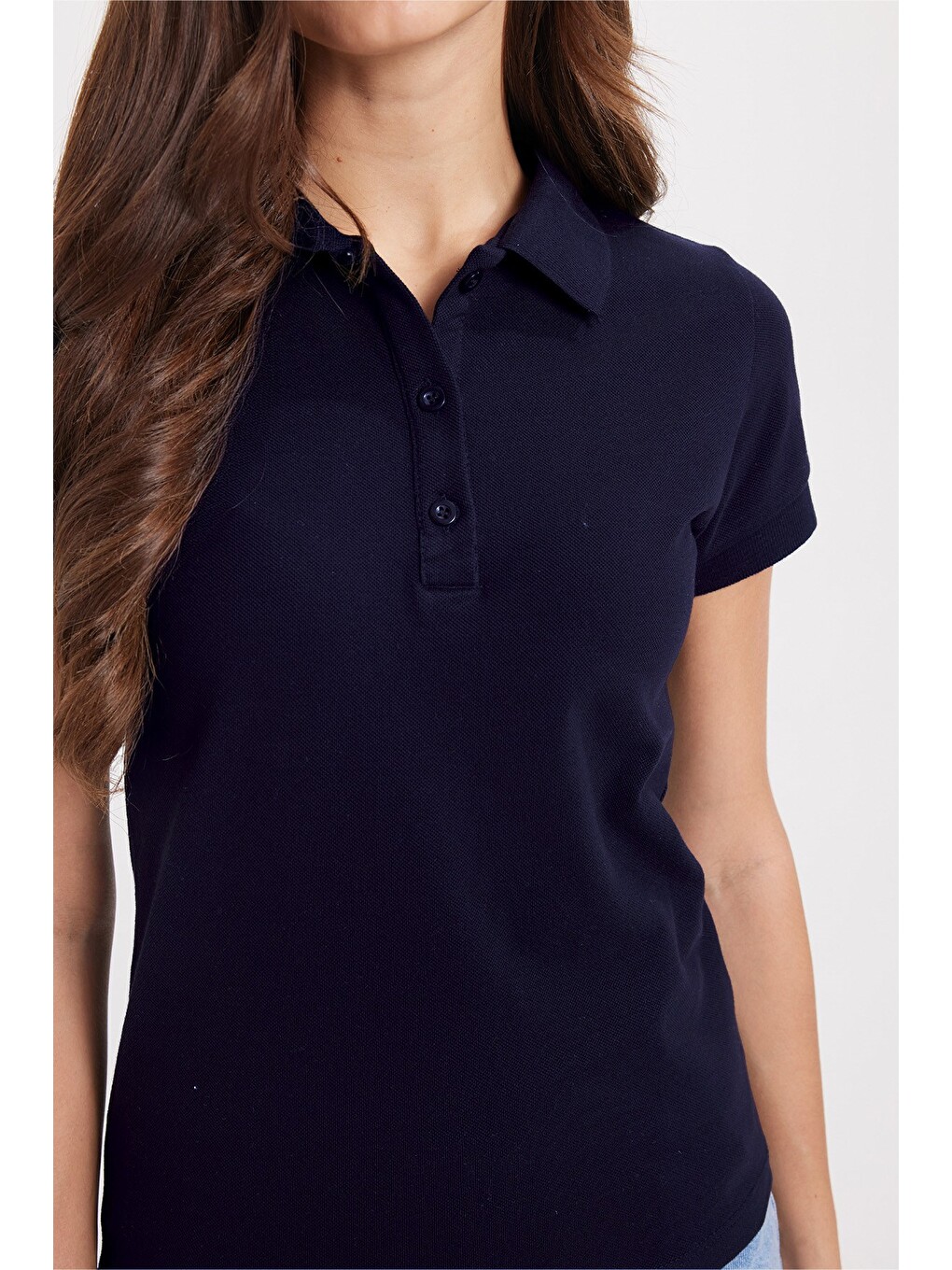 Kadın Slim Fit Dar Kesim %100 Pamuk Polo Yaka Lacivert Pike Tişört-5
