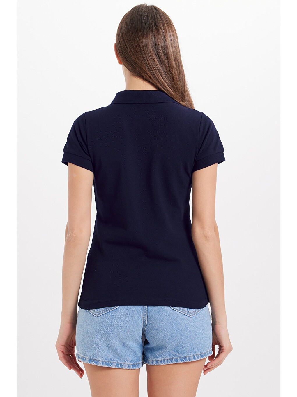 Kadın Slim Fit Dar Kesim %100 Pamuk Polo Yaka Lacivert Pike Tişört-7