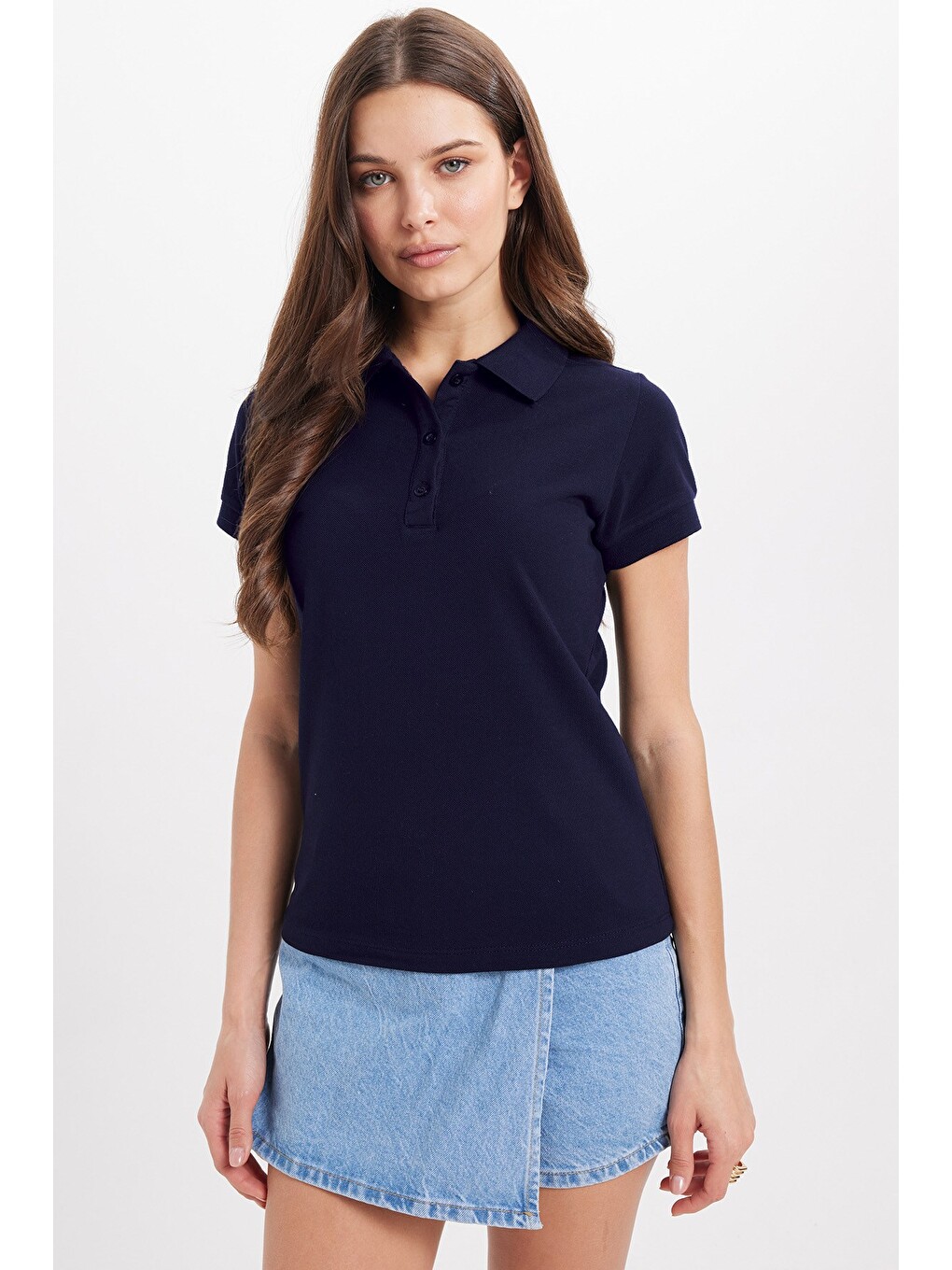 Kadın Slim Fit Dar Kesim %100 Pamuk Polo Yaka Lacivert Pike Tişört-8