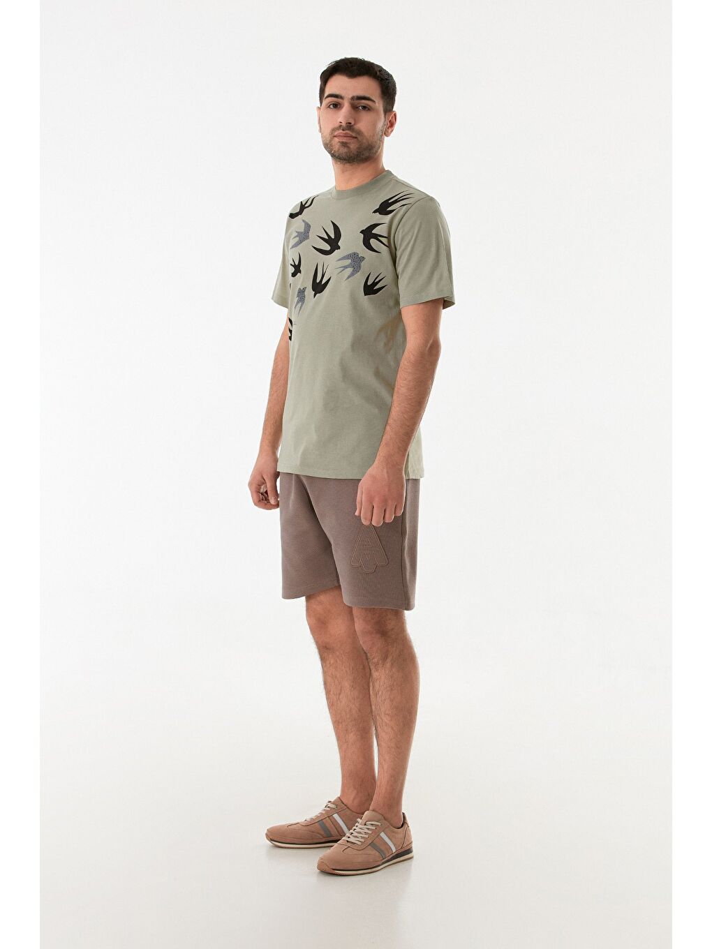 Haki Kuş Baskılı Bisiklet Yaka Tişört-1