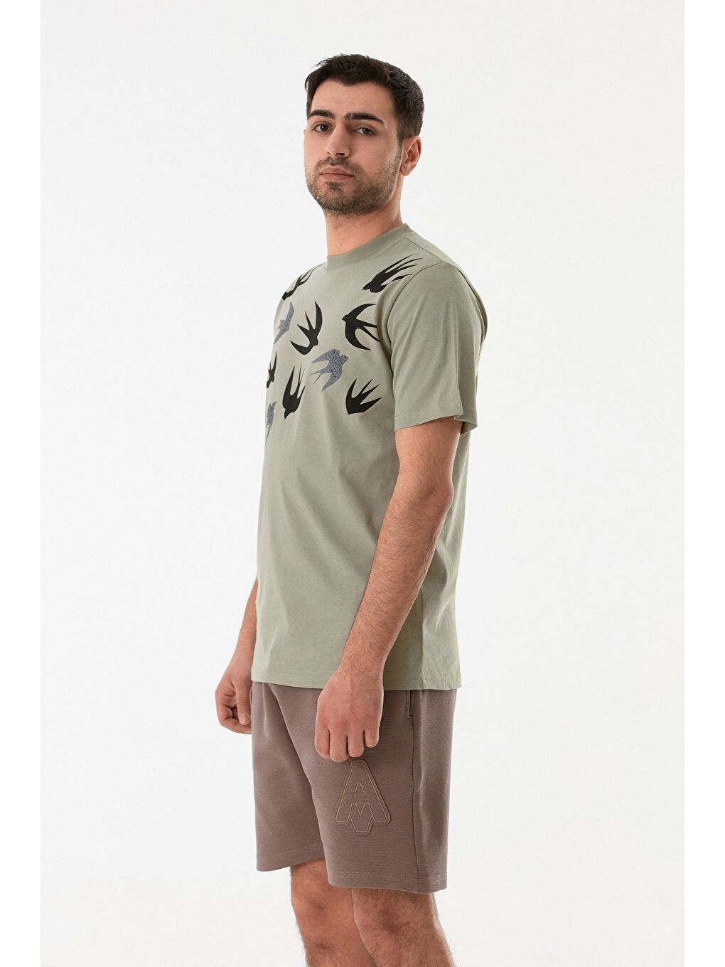 Haki Kuş Baskılı Bisiklet Yaka Tişört-2