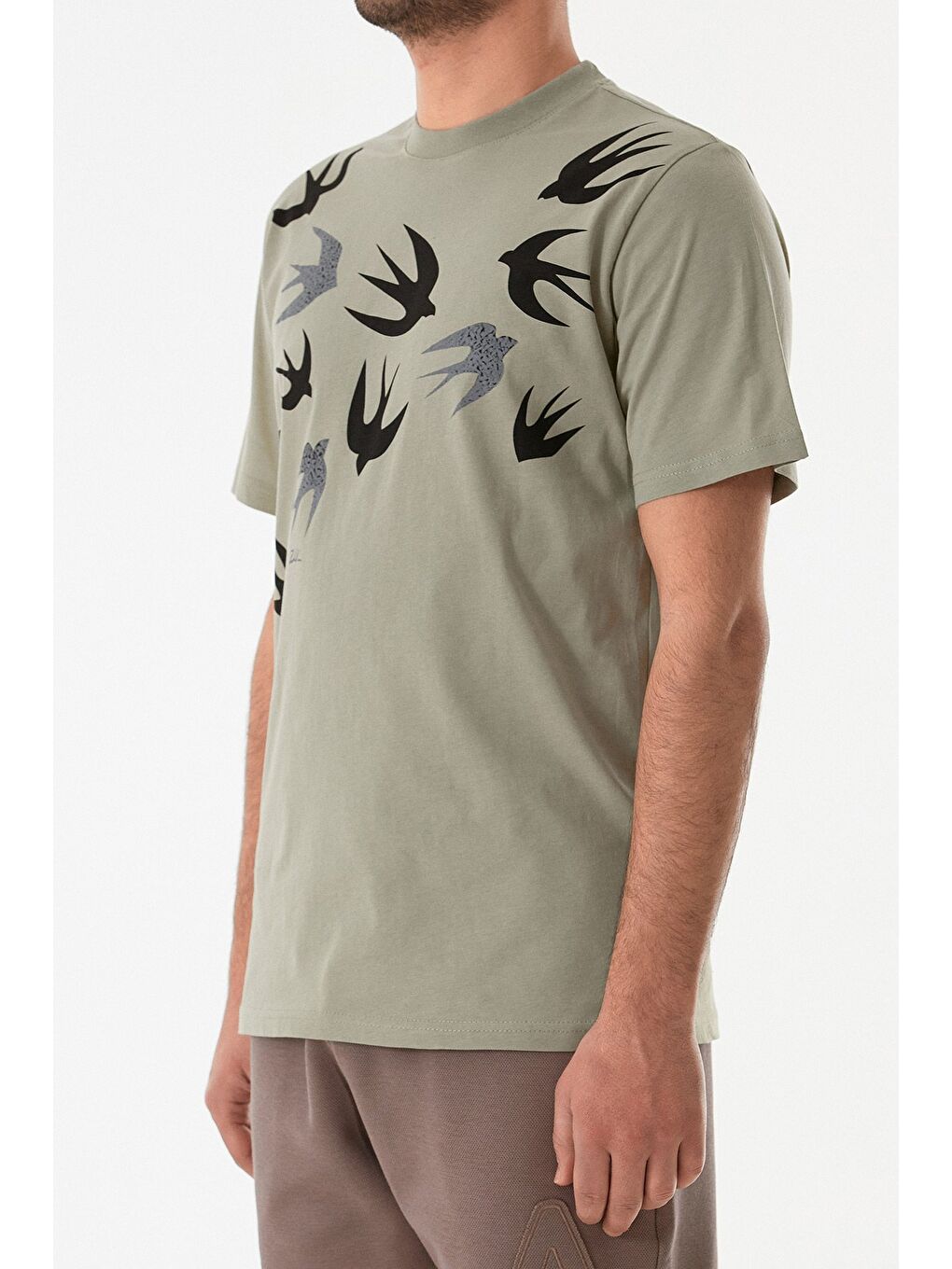 Haki Kuş Baskılı Bisiklet Yaka Tişört-4