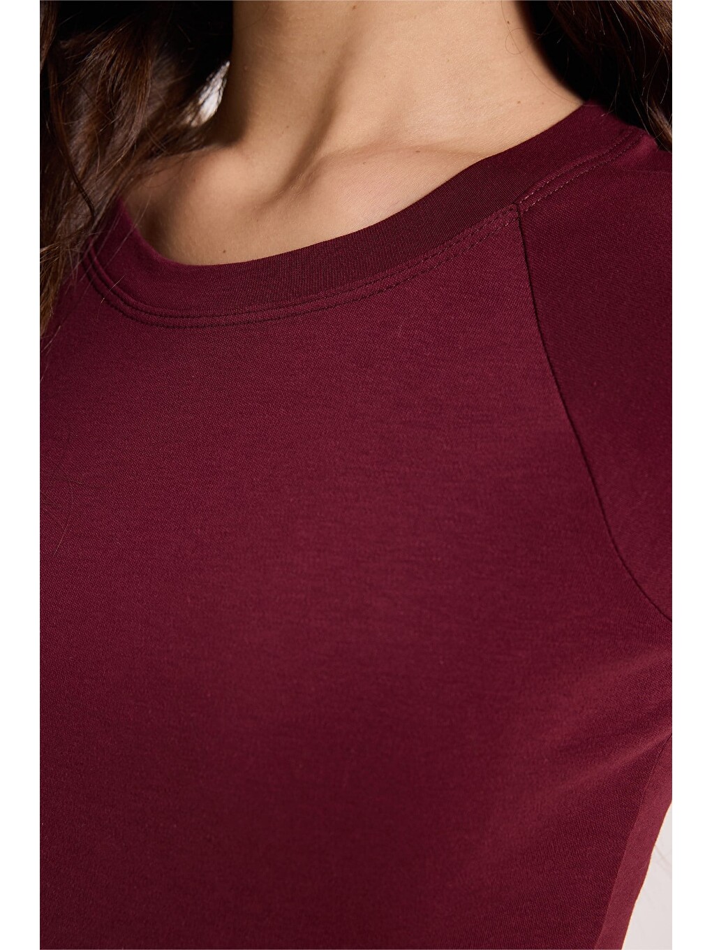 Kadın Slim Fit Dar Kesim Bisiklet Yaka Reglan Kol %100 Pamuk Bordo Tişört Bluz-3