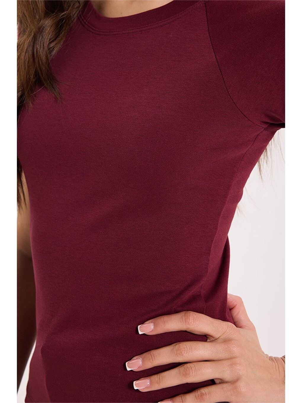 Kadın Slim Fit Dar Kesim Bisiklet Yaka Reglan Kol %100 Pamuk Bordo Tişört Bluz-5
