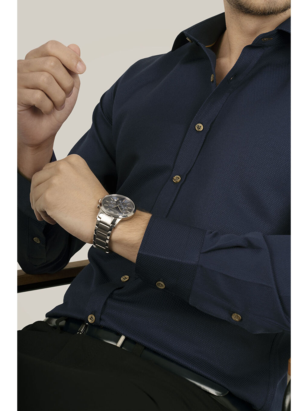 Lacivert Kahve Düğmeli Slimfit Erkek Gömlek