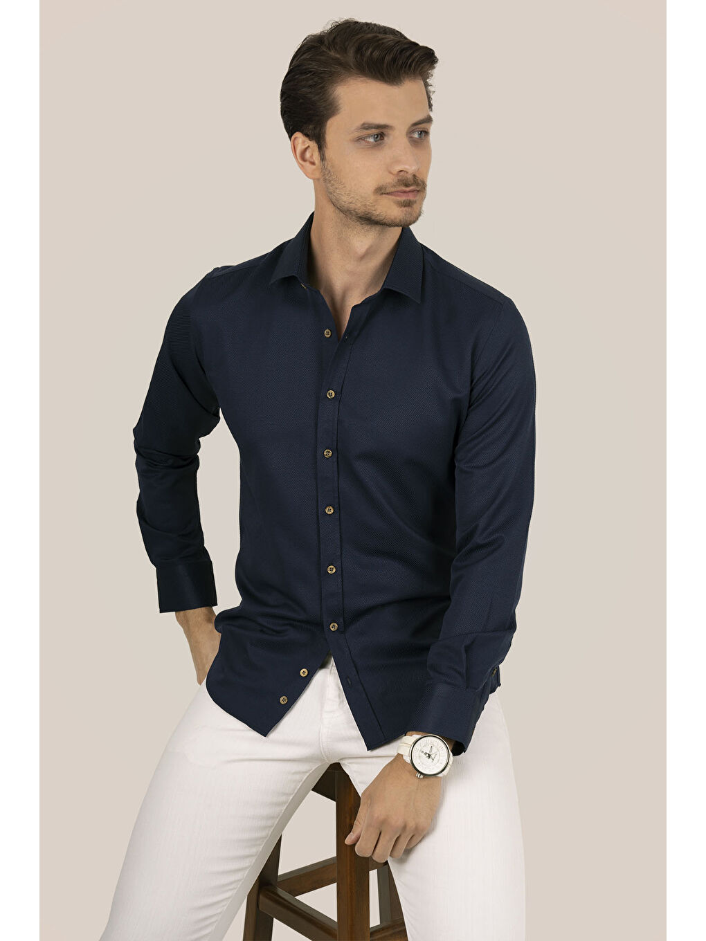 Lacivert Kahve Düğmeli Slimfit Erkek Gömlek-1