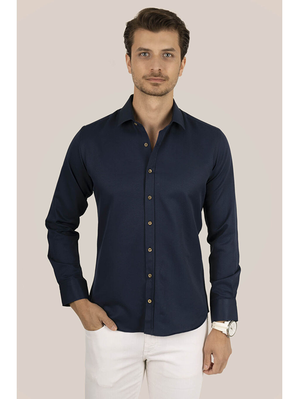 Lacivert Kahve Düğmeli Slimfit Erkek Gömlek-4