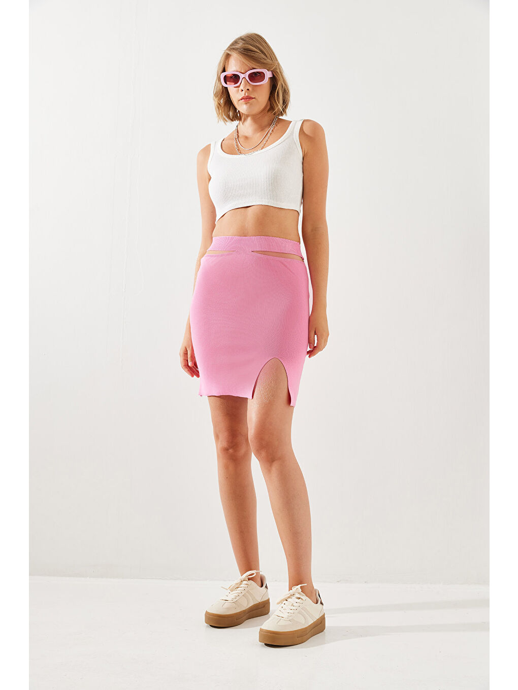 SHADE Pembe Kadın Bel Detaylı Yırtmaçlı Etek - 3