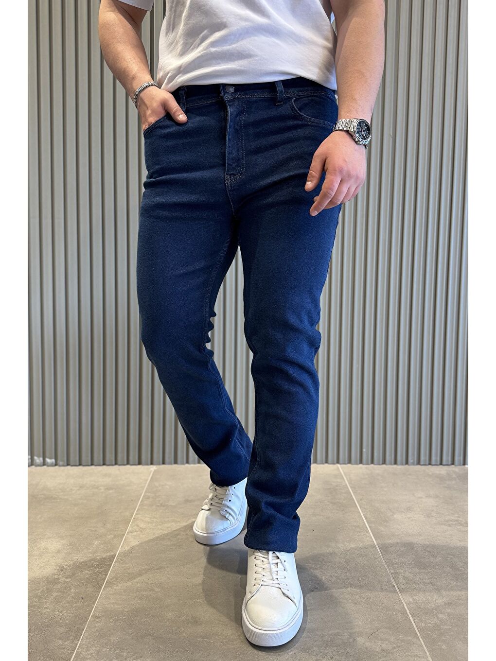 Lacivert Erkek Fermuarlı Elastanlı Jean Pantolon