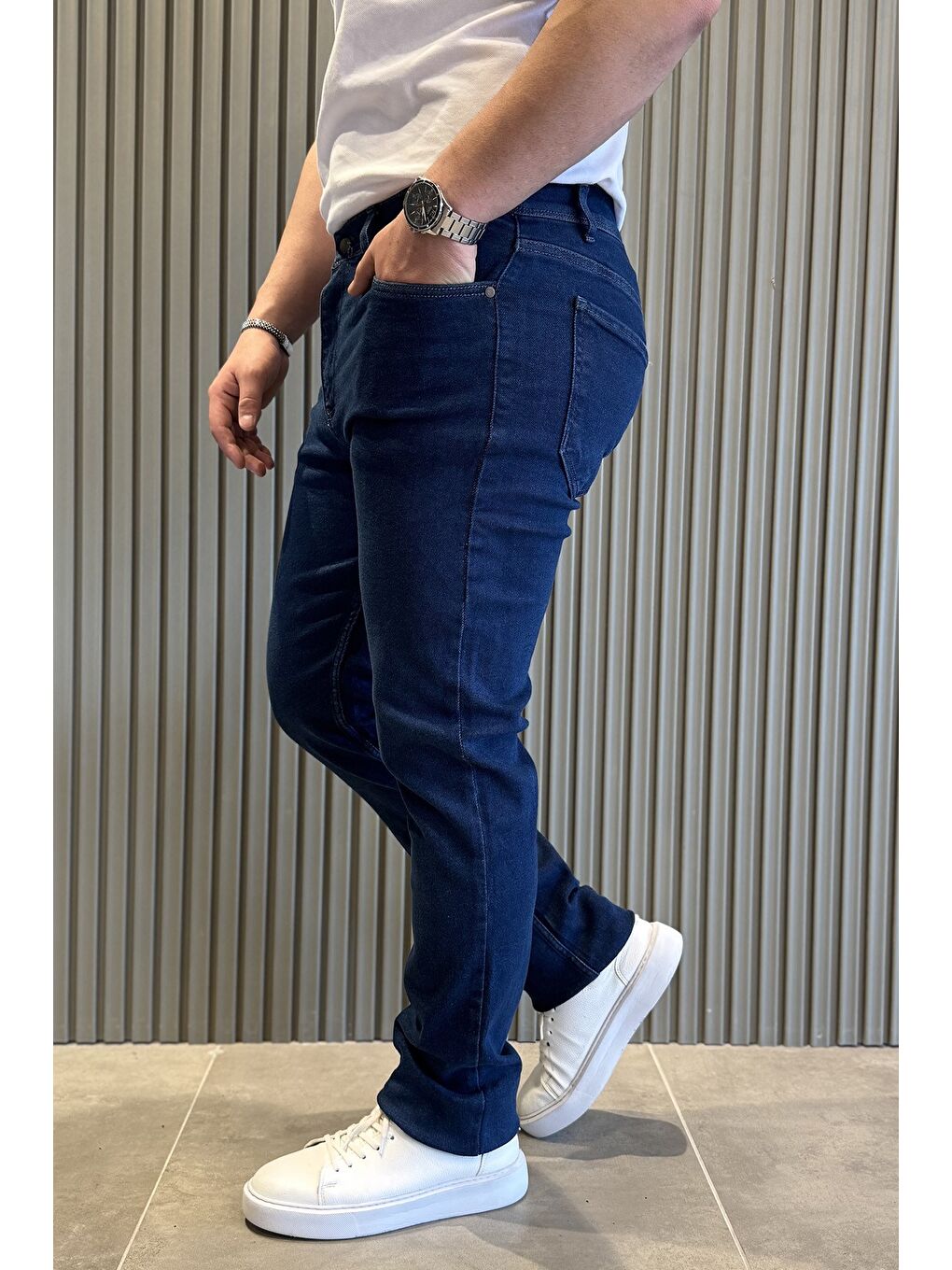 Lacivert Erkek Fermuarlı Elastanlı Jean Pantolon-1