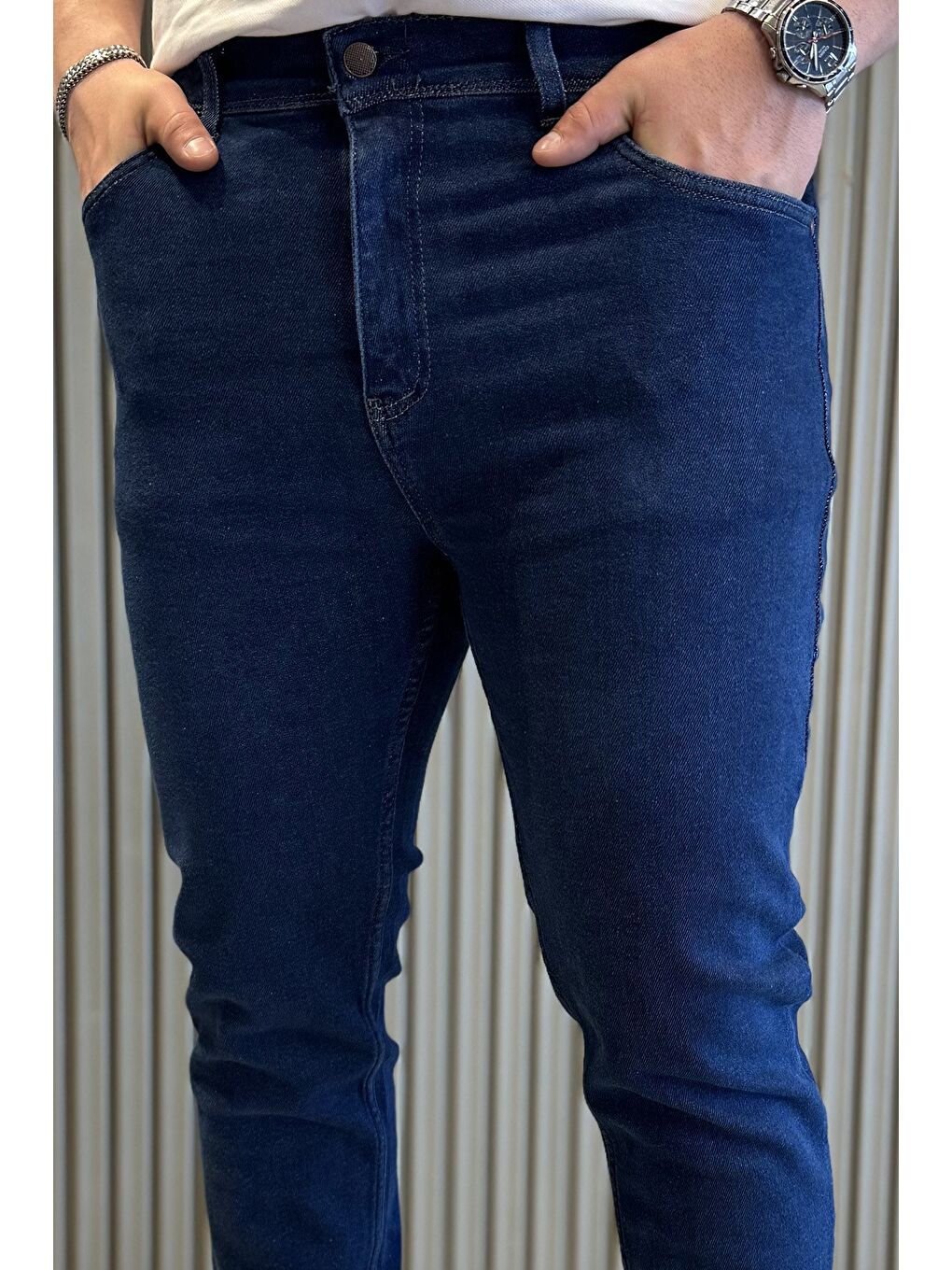 Lacivert Erkek Fermuarlı Elastanlı Jean Pantolon-3