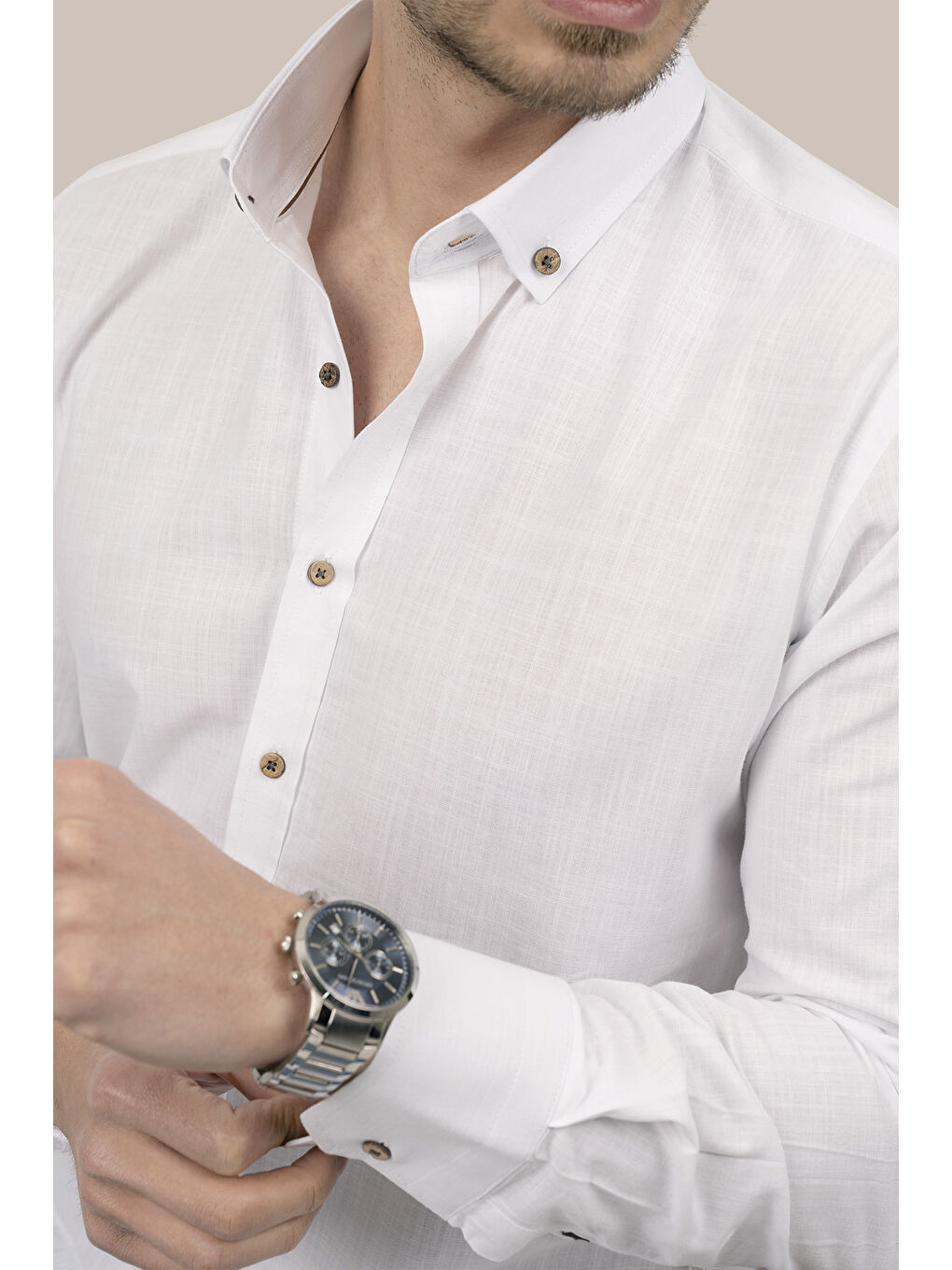 Beyaz Kahve Düğmeli Slimfit Erkek Gömlek