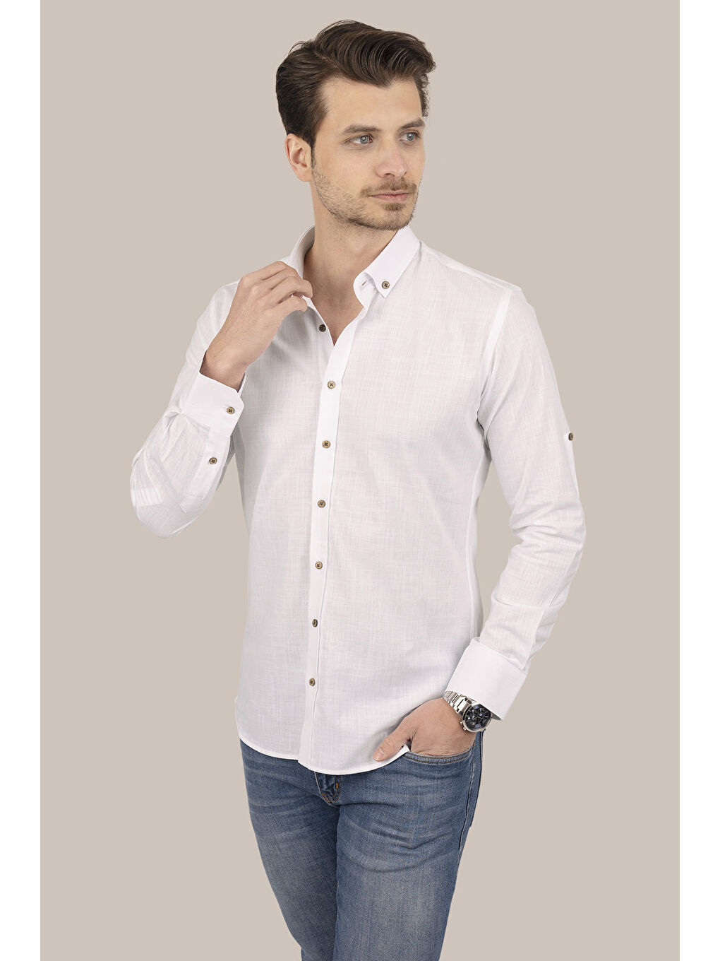 Beyaz Kahve Düğmeli Slimfit Erkek Gömlek-2