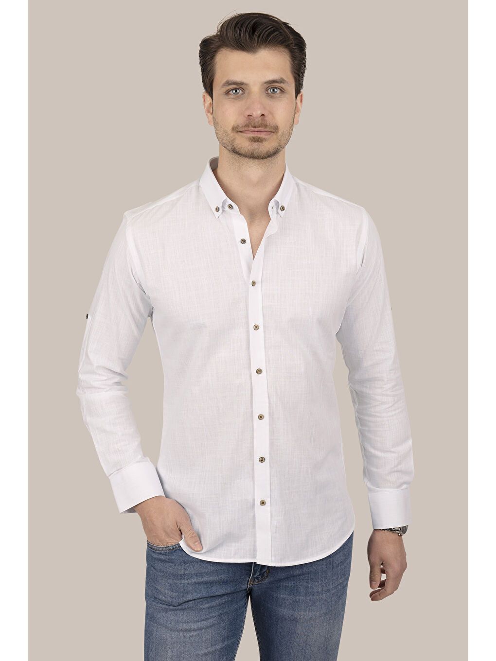 Beyaz Kahve Düğmeli Slimfit Erkek Gömlek-4