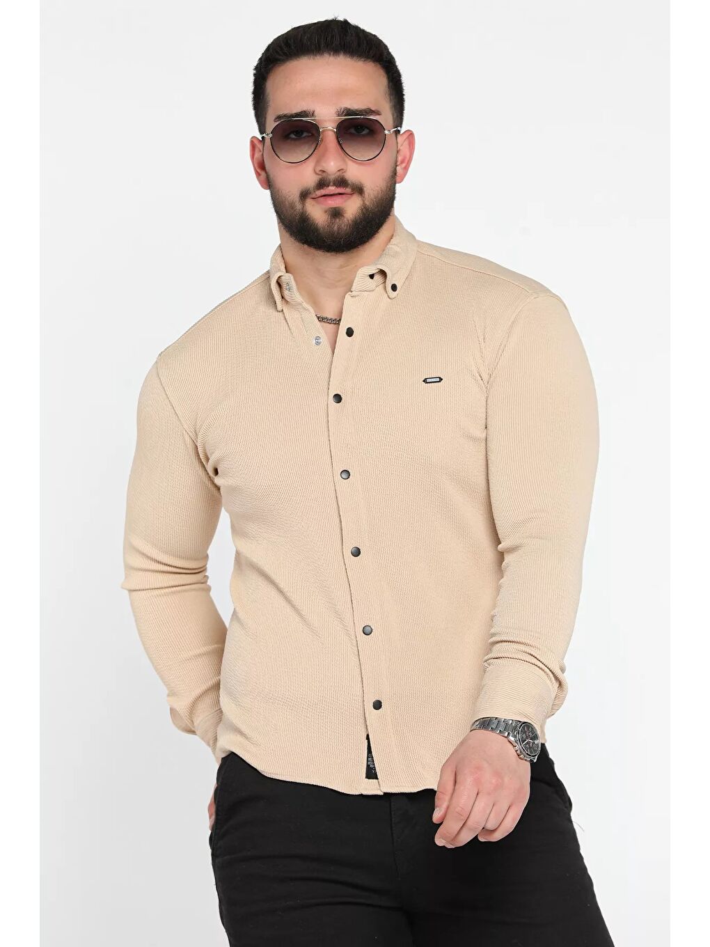 Bej Erkek Uzun Kol Elastanlı Gömlek