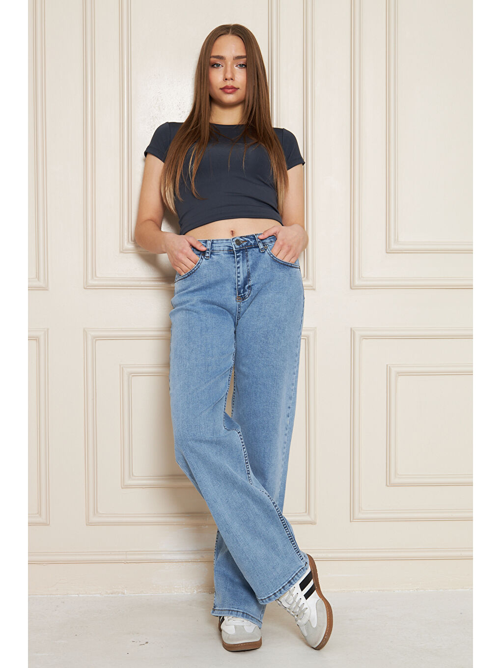 Kadın Bol Paça Yüksek Bel Baggy Mavi Jean Pantolon