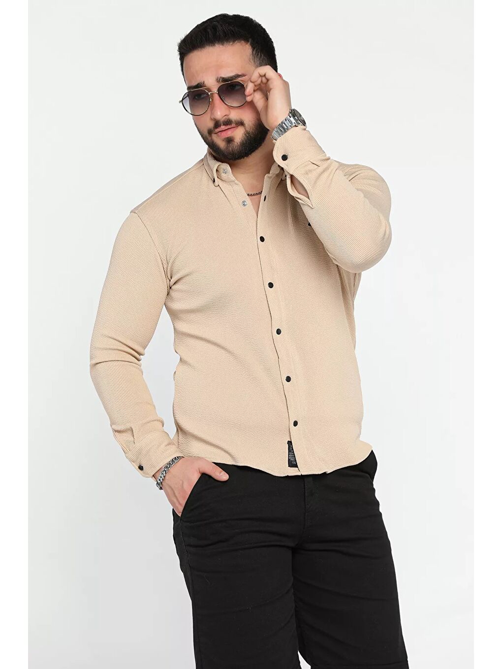 Bej Erkek Uzun Kol Elastanlı Gömlek-1