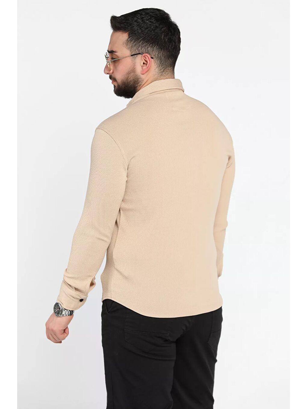 Bej Erkek Uzun Kol Elastanlı Gömlek-2