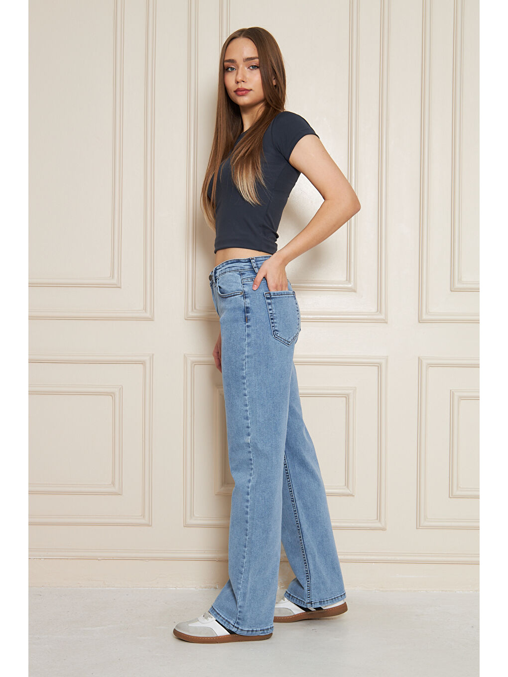 Kadın Bol Paça Yüksek Bel Baggy Mavi Jean Pantolon-1