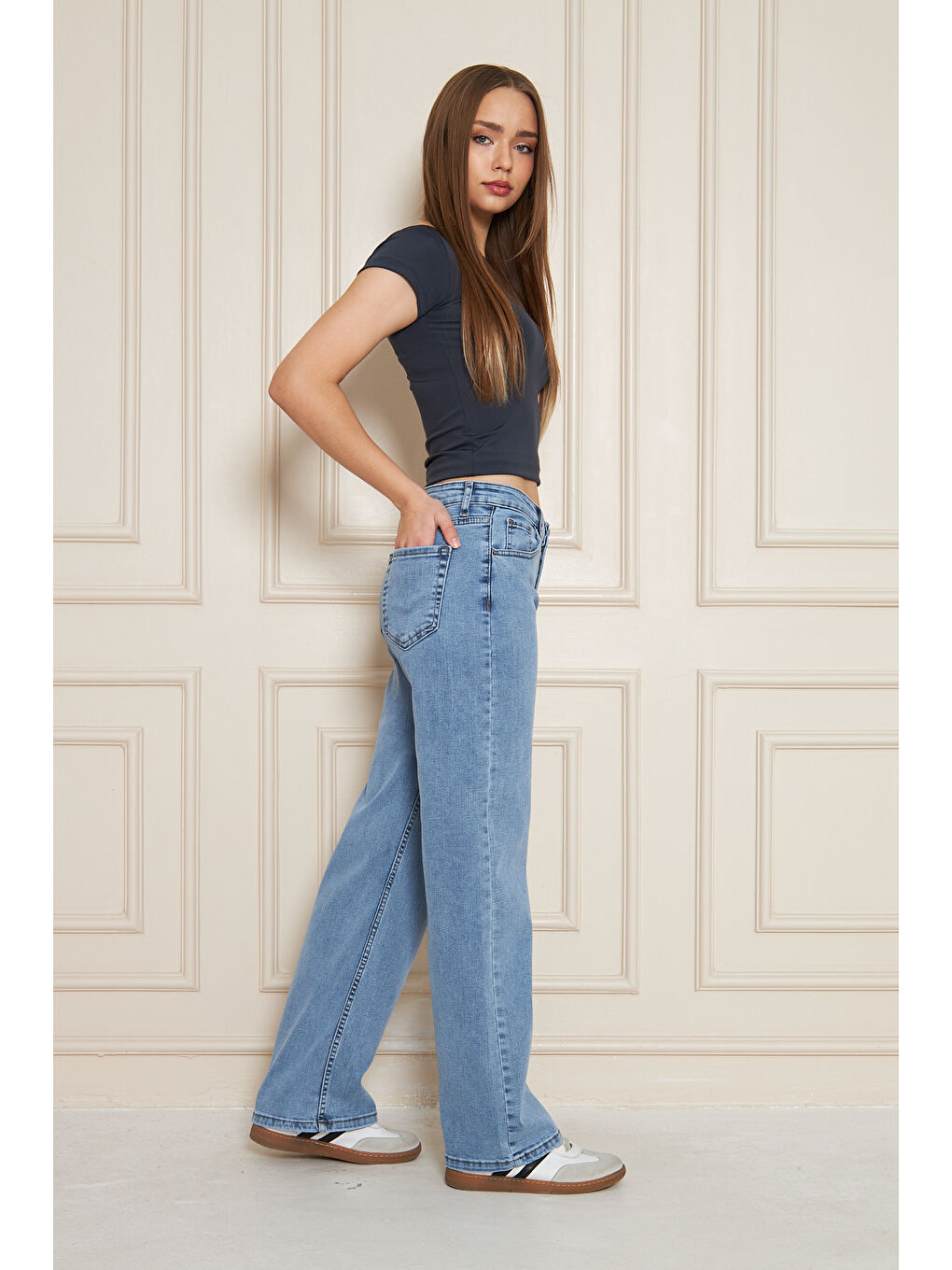 Kadın Bol Paça Yüksek Bel Baggy Mavi Jean Pantolon-2