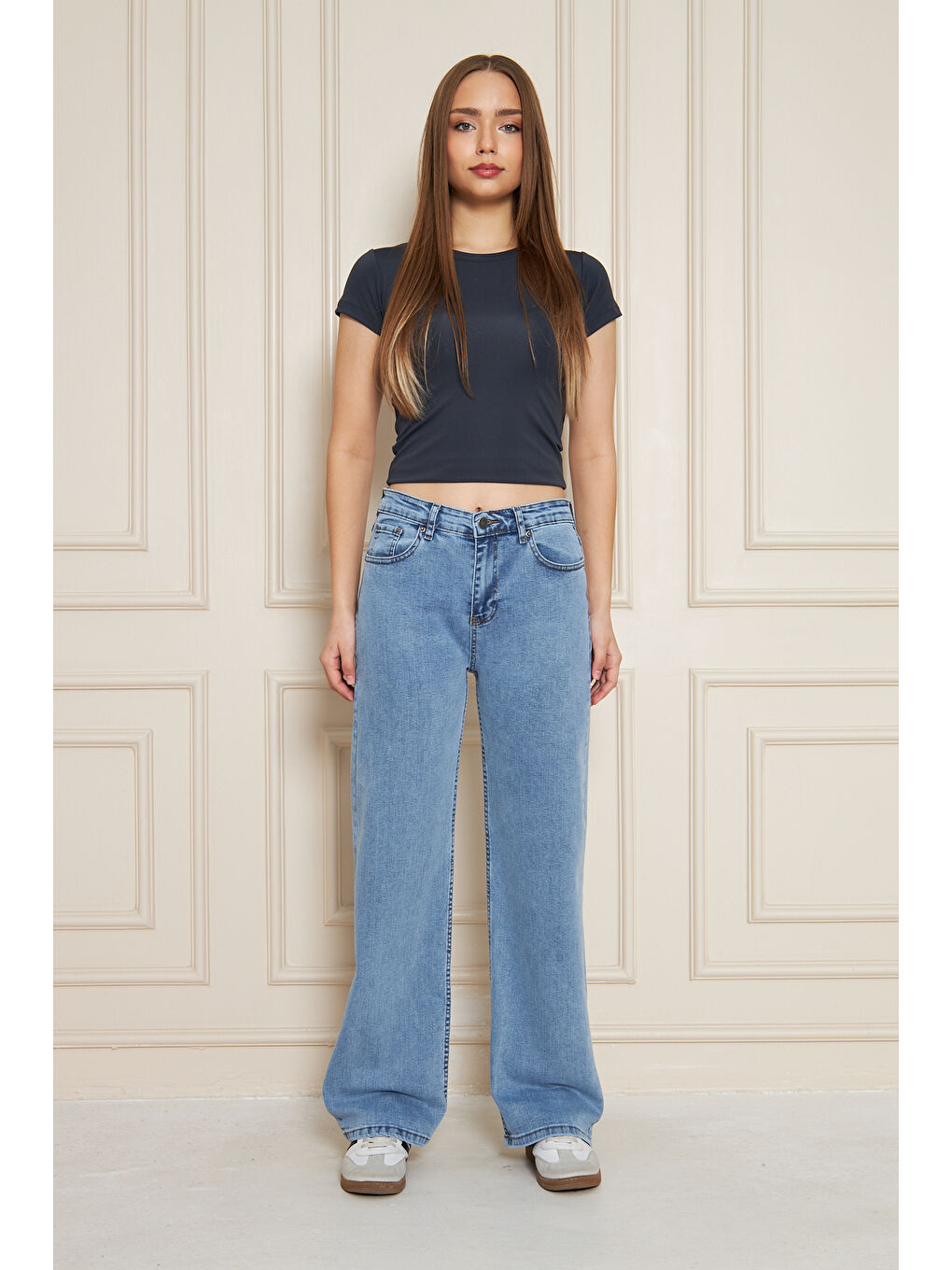 Kadın Bol Paça Yüksek Bel Baggy Mavi Jean Pantolon-3