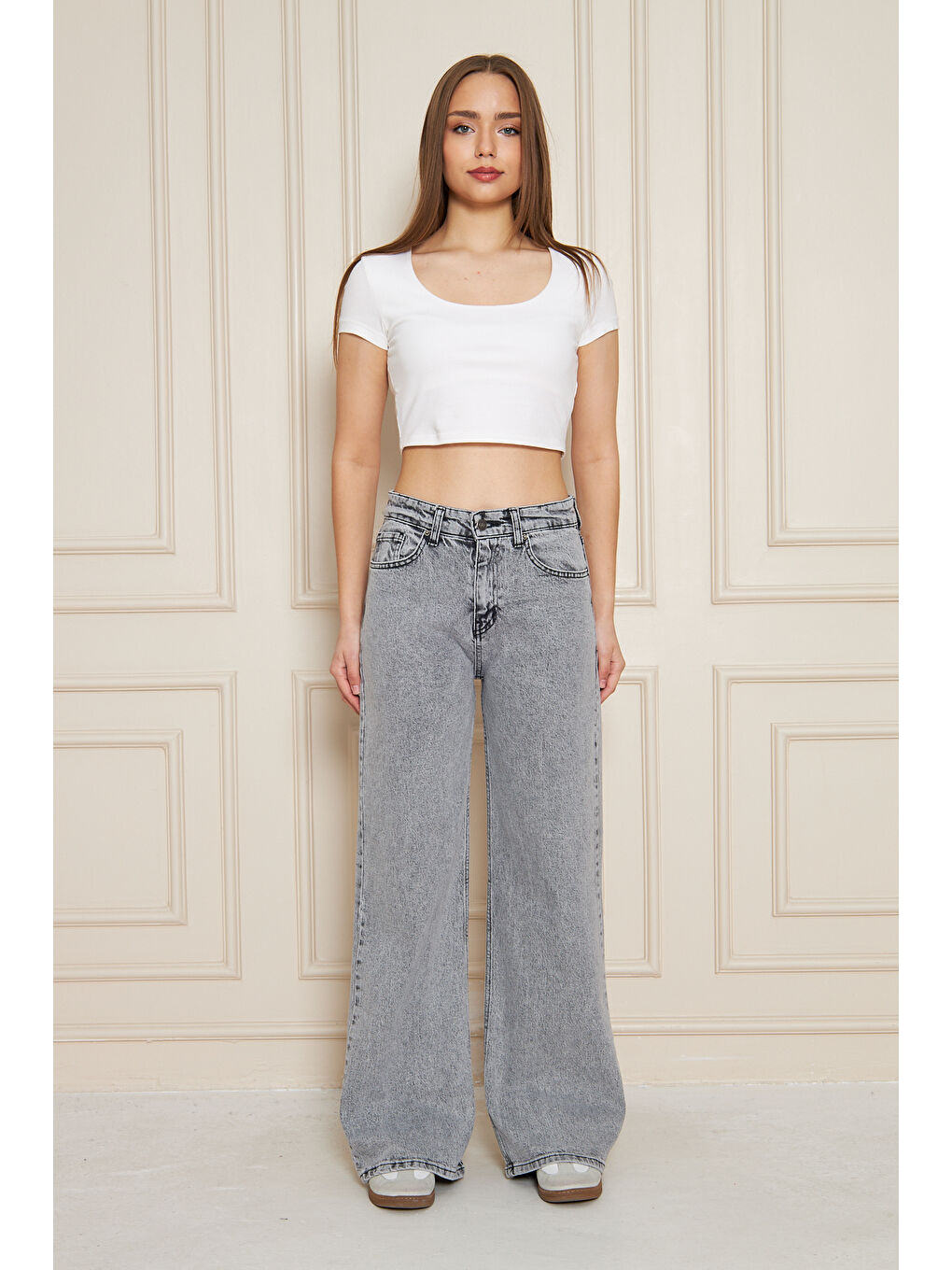 Kadın Bol Paça Yüksek Bel Baggy Gri Jean Pantolon