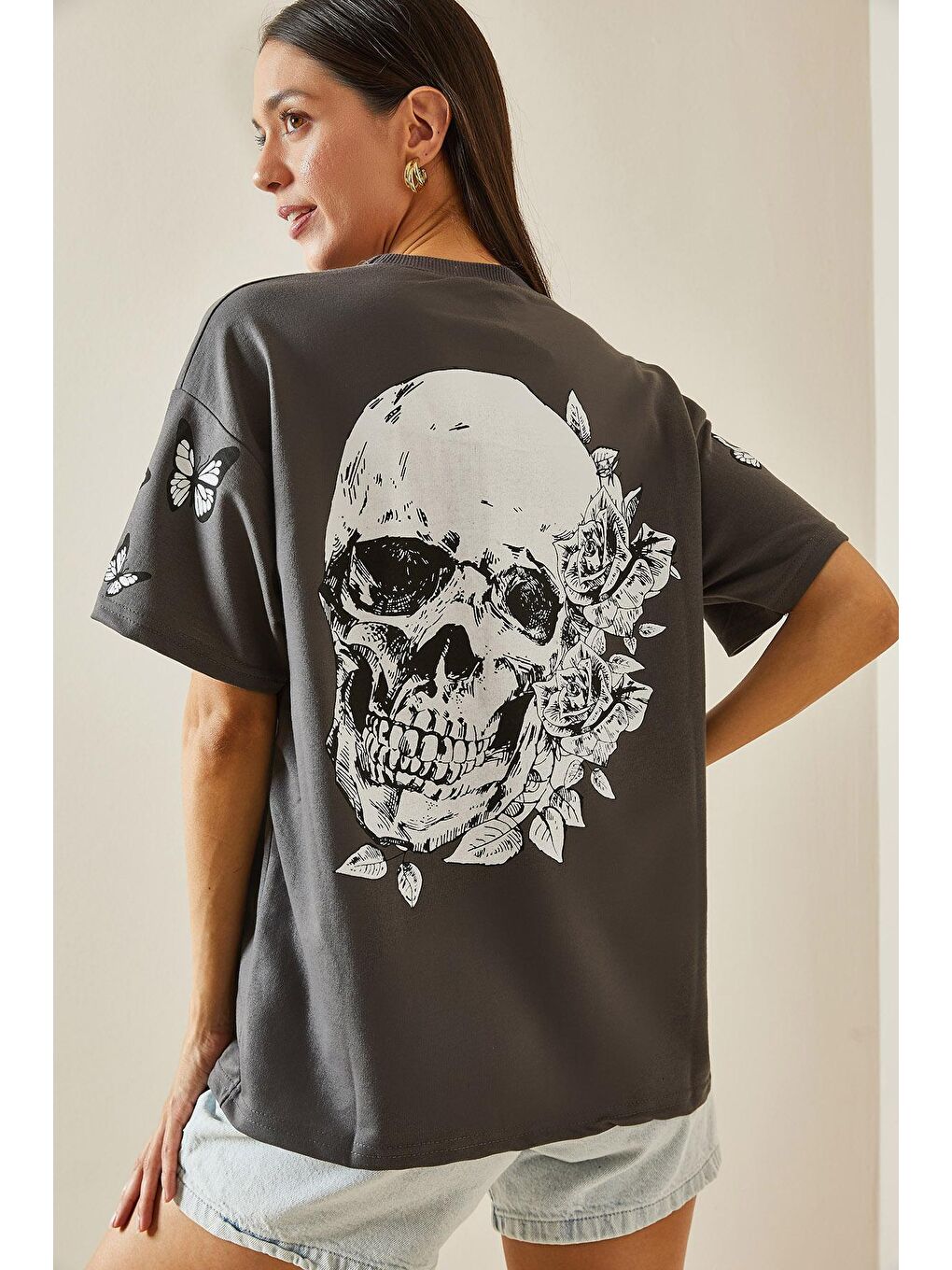 Antrasit Bisiklet Yaka Baskılı Oversize Tişört-3