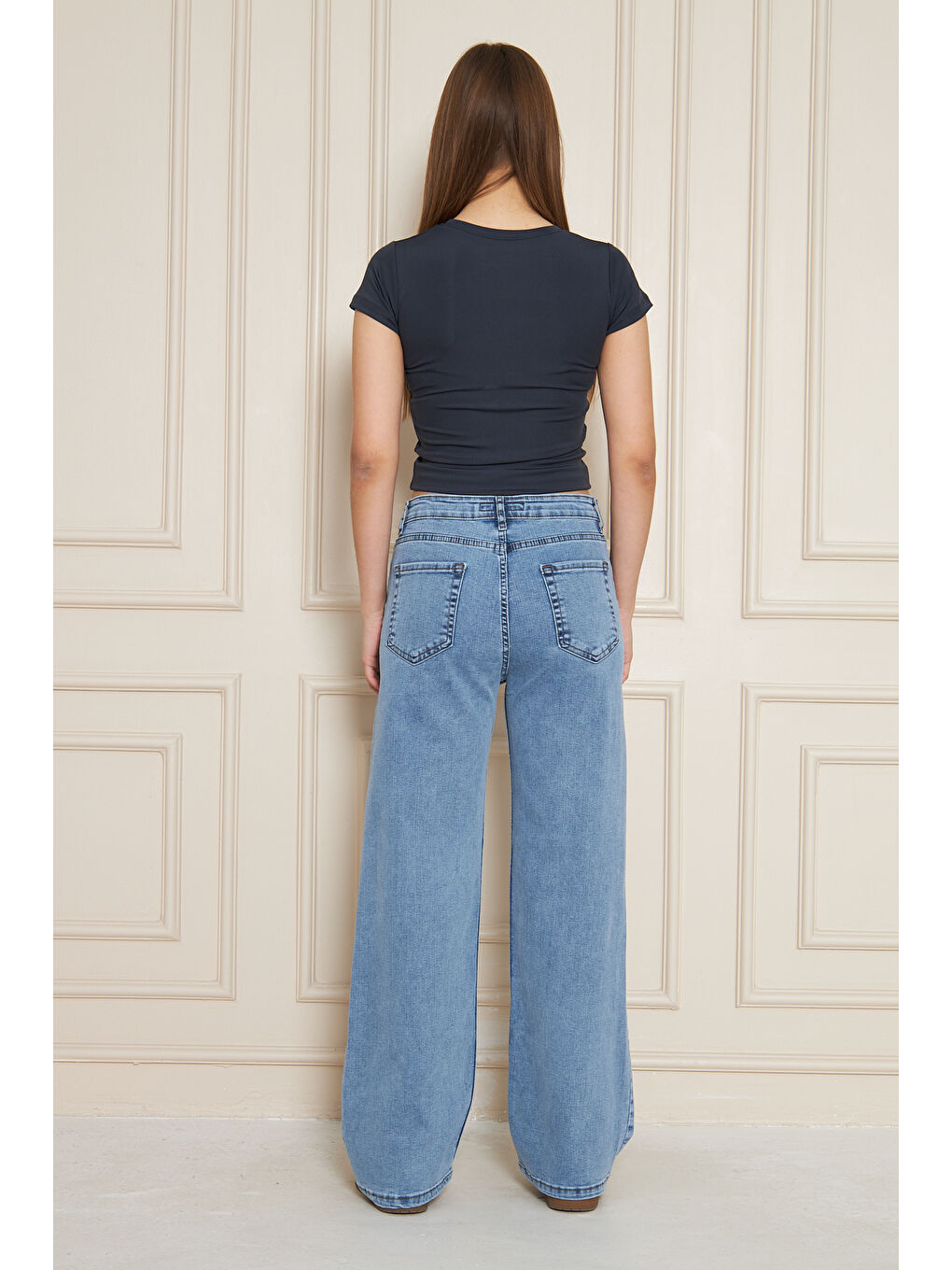 Kadın Bol Paça Yüksek Bel Baggy Mavi Jean Pantolon-6