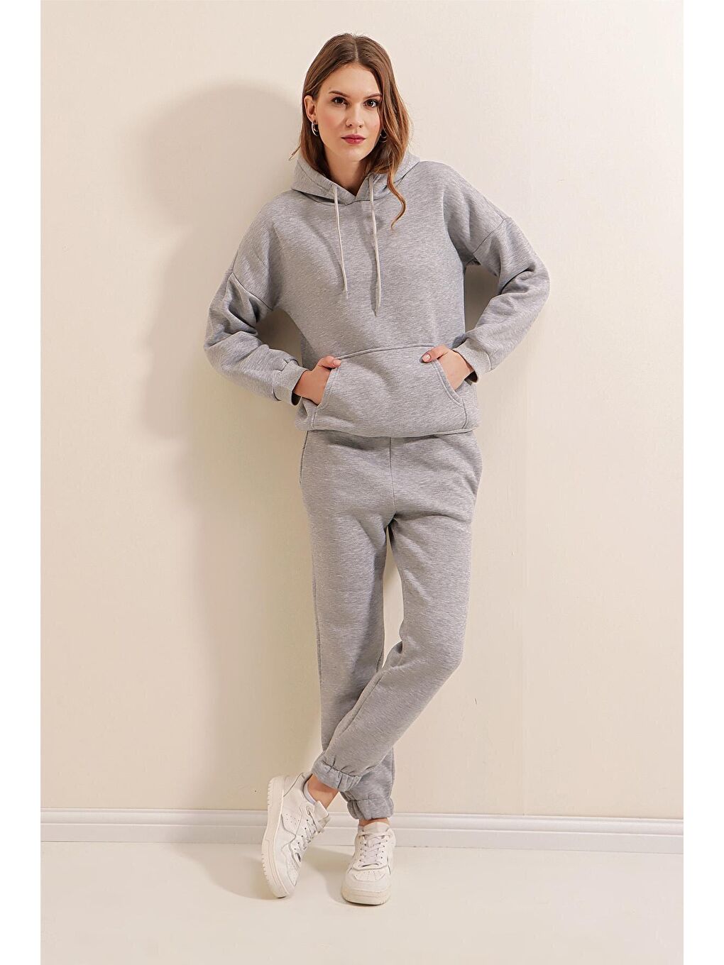 55323 Oversize Kapüşonlu 3 İplik Eşofman Takımı - Gri