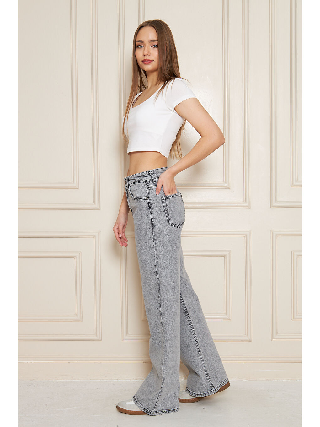 Kadın Bol Paça Yüksek Bel Baggy Gri Jean Pantolon-1