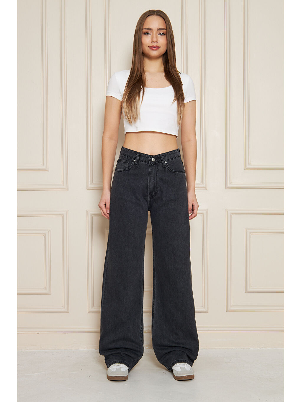 Gri Kadın Bol Paça Yüksek Bel Baggy Füme Jean Pantolon