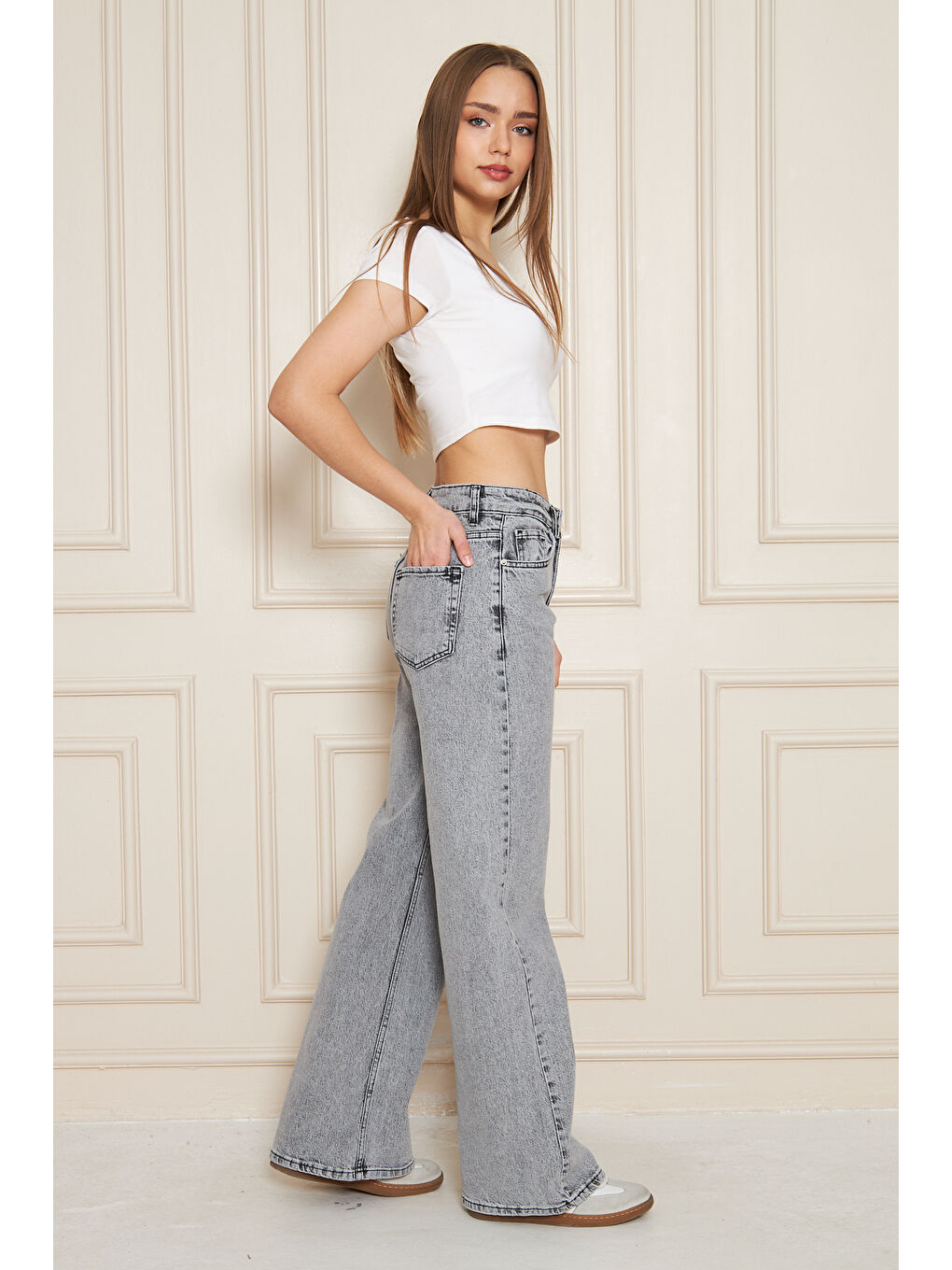 Kadın Bol Paça Yüksek Bel Baggy Gri Jean Pantolon-2