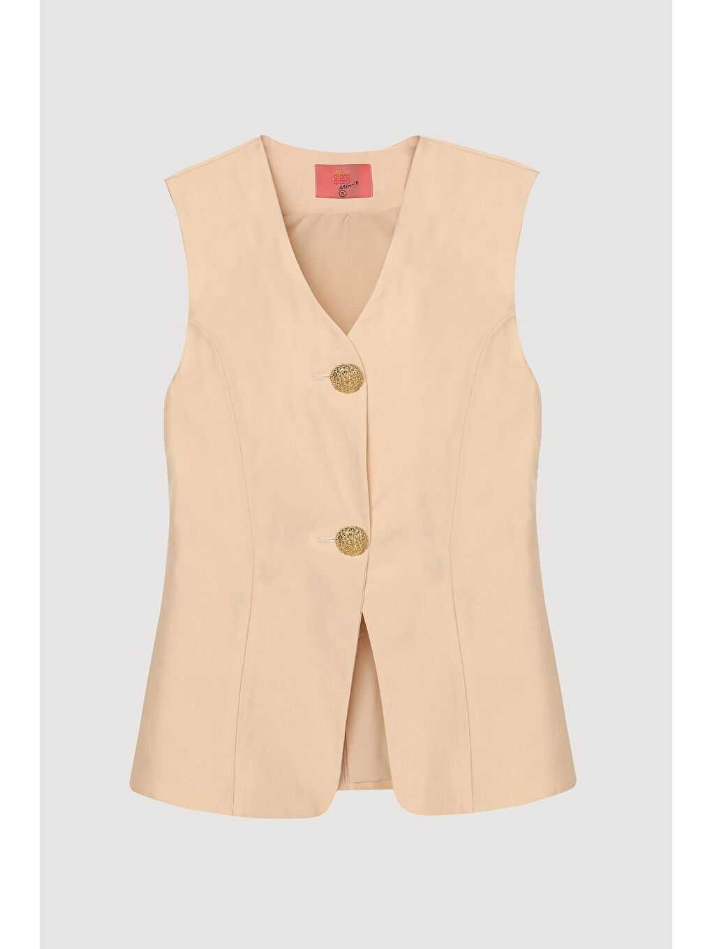 Çift Düğmeli V Yaka Yelek Ceket Bej-1