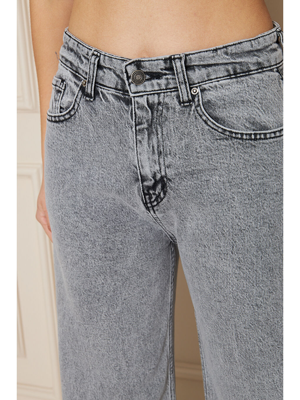 Kadın Bol Paça Yüksek Bel Baggy Gri Jean Pantolon-3